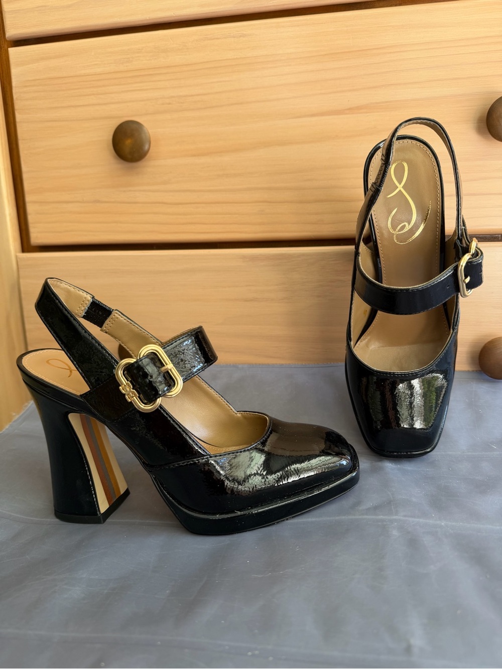 Sam Edelman Black Patent Mary Jane Slingback Heels with Gold Buckle